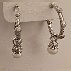 Judith Ripka Sterling Pearl Charm Hoop Earrings 1-3/4”L Pierced